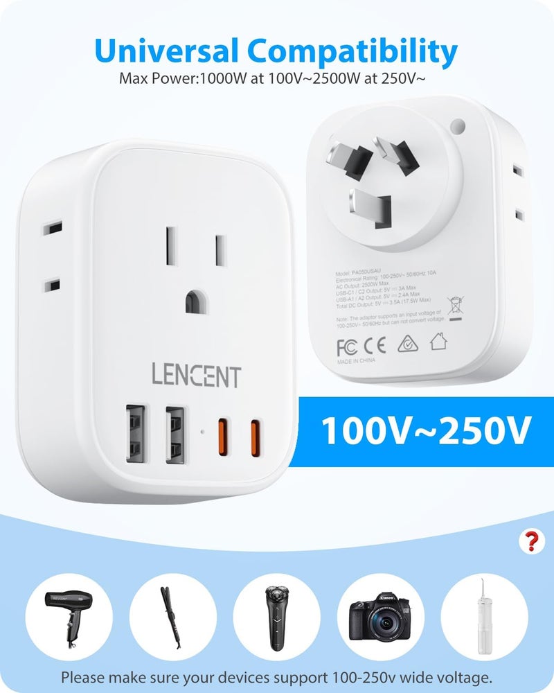 Lencent Australia New Zealand Power Plug Adapter, US To Australia Plug Adapter with 4 Outlets, 4 USB Charger(2 USB C Port), Type I Plug Converter for US to AU Argentina China Fiji, Travel Essentials - Image 5